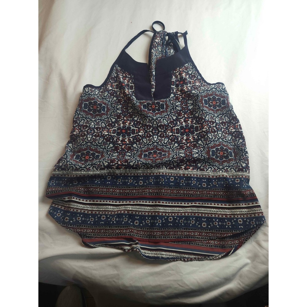 Athleta Womens Halter Tank Top Large Navy Blue Red Paisley Boho Tie Back Yoga